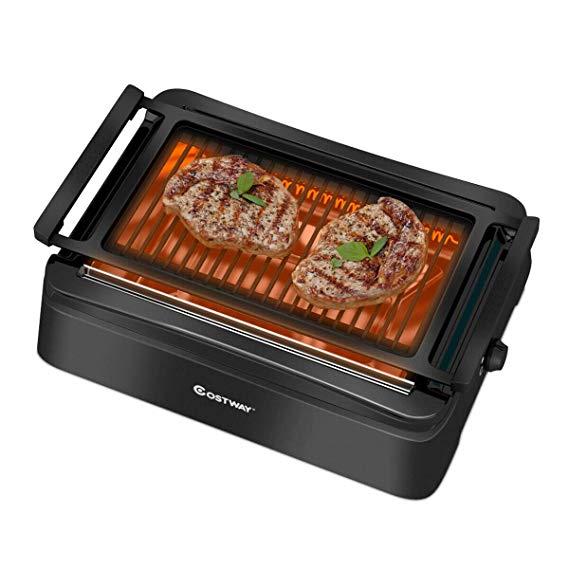 COSTWAY Smokeless Grill, Compact & Portable Indoor Electric BBQ Grill w/ Advanced Infrared Technology, Constant Temperature Barbecue Grill, Non-stick Surface & Removable Drip Tray for Easy Cleaning, Dishwasher-Safe , Black (19"L×15"W×6.7"H)