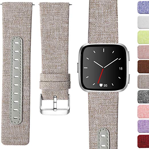 Maledan Replacement Bands for Fitbit Versa Women Men Large Small, Woven Fabric & Genuine Leather Breathable Accessories Strap Band for Fitbit Versa Smart Watch