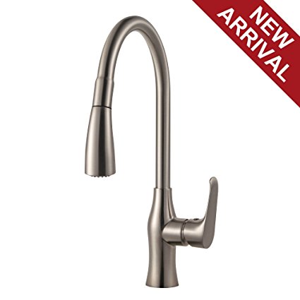 Contemporary Brushed Steel Gooseneck Single Lever Pull Out Spray Kitchen Mixer Taps, Mono Stainless Steel Sink Tap