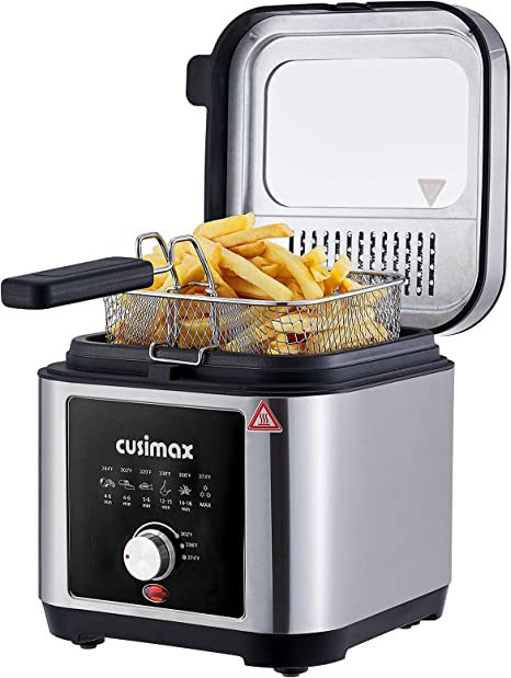 Deep Fryer CUSIMAX Electric Deep Fryer with Basket and Drip Hook, 2.6Qt Oil Capacity Fish Fryer with Temperature Control, Removable Lid with View Window and Filter, Stainless Steel Fryer, 1200W