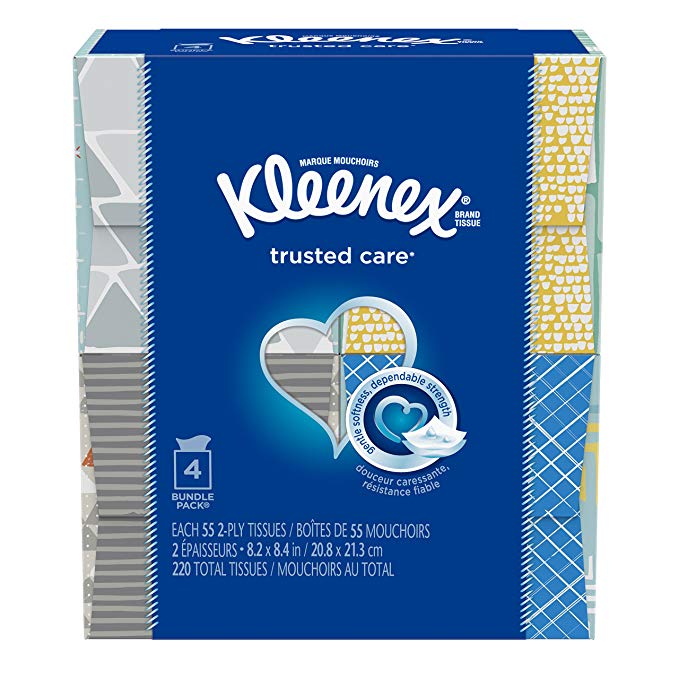 Kleenex Trusted Care Everyday Facial Tissues, Cube Box, 55 Tissues per Cube Box, 4 Packs