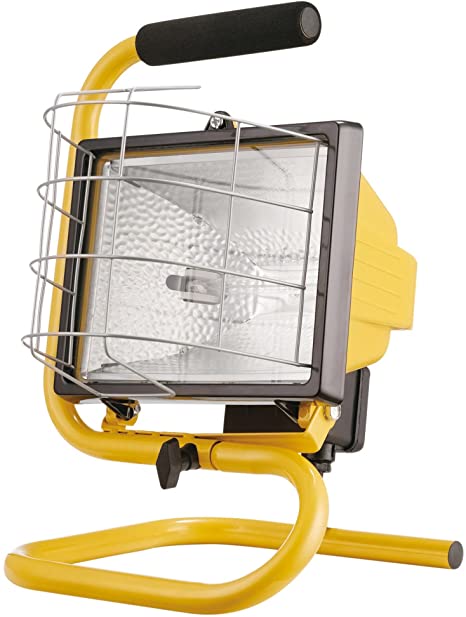 Globe Electric 500W Portable Halogen Work Light with Floor Stand & Foam Handle, Yellow Finish, Bulb Included, 6050401