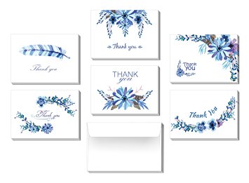 36 Thank You Greeting Cards - 6 Blue Floral Design - Blank Inside - with 38 White Envelopes - 4.875×3.5 inches (folded)