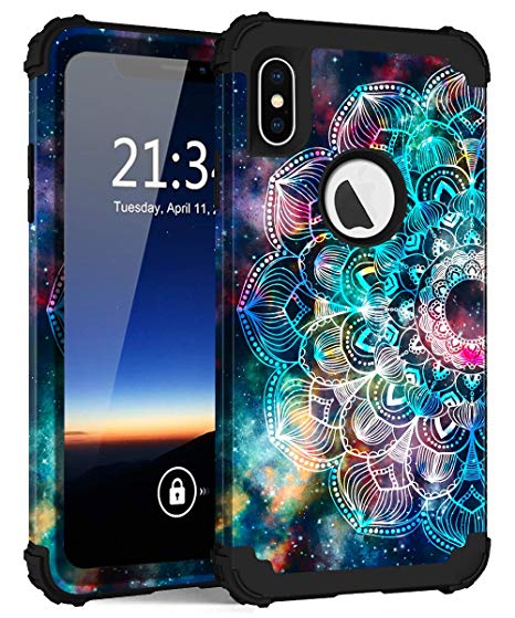 iPhone Xs Max Case, Hocase Shockproof Heavy Duty Protection Hard Plastic Cover Silicone Rubber Case Hybrid Dual Layer Protective Phone Case for iPhone Xs Max 6.5-inch 2018 - Mandala in Galaxy