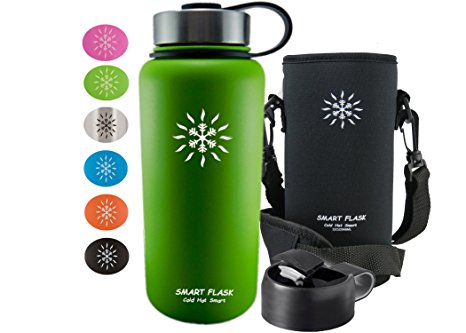 Smart Flask Stainless Steel Water Bottle,32 Oz., Wide Mouth, Vacuum Insulated, Includes Carrying Pouch with Shoulder Strap, Rugged Leakproof Stainless Steel Lid, and Flip Top Coffee Lid