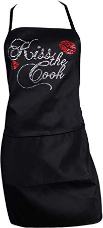 Women's Crystal Kiss The Cook Rhinestone Bling Kitchen Cooking Bib Apron (Black)