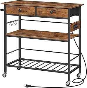 HOOBRO Kitchen Island with Storage, Rolling Island Cart for Kitchen with 2 Drawers & Outlet, 3 Tier Coffee Station and Microwave Stand, Kitchen Island Table for Home, Rustic Brown and Black BF08UZD01