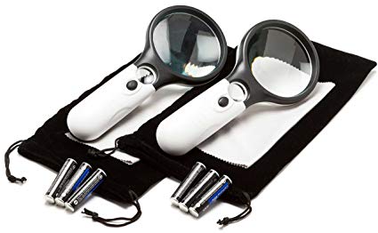 2 Pack Super Magnifying Glass Bundle: Includes Hand Magnifying Glass with 3x Lens & 45x Loupe   Lights, Cleaning Cloth, Storage Bag, Batteries, Bonus & Guarantee; Perfect 3X Magnifying Glass