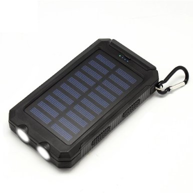 Solar Charger, 8000mAh Rain-Resistant Solar Power Bank, Portable Shockproof Solar Cell Phone Chargers, Dual USB Port Backup Power Pack with Strong LED Flashlights Compass For Outdoor Use (Black)
