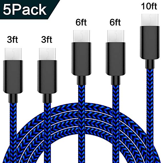 TNSO USB C Cable 5Pack (3/3/6/6/10FT) Nylon Braided Type C Cable Charger USB Type C Cable Fast Charging Cord for Samsung Galaxy Note 8 S8 Plus, LG G5 G6 V30, HTC 10, Nexus 5X/6P