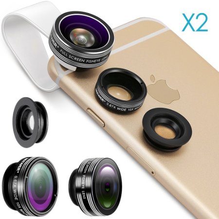 Neewer® 2 Pieces 3-in-1 Clip-on Lens Kit for Android Tablet,ipad,iphone,Samsung Galaxy and other Smartphones,Includes:(2)180 Degree Fisheye Lens (2)2 in 1 Macro Lens&Wide Angle Lens (2)Lens Holder