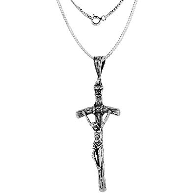 Sterling Silver Jesus of Nazareth King of The Jews Crucifix Necklace 1.8mm Chain