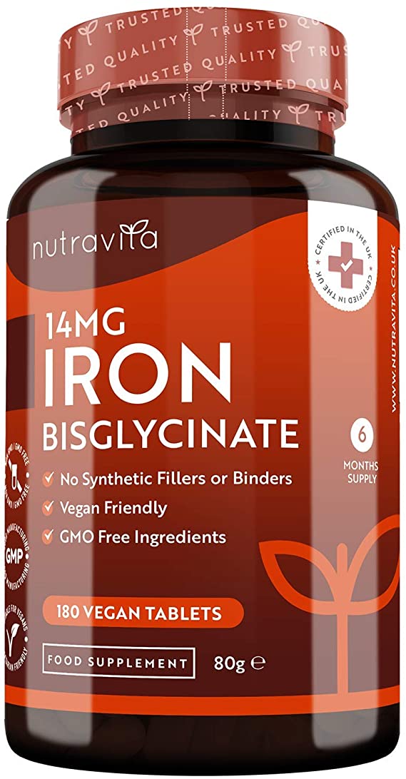 Iron Bisglycinate 14mg – 180 Vegan Tablets – Contributes to the Normal Function of the Immune System – No Synthetic Fillers or Binders – 6 Month Supply – Made in The UK by Nutravita