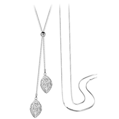 T400 Jewelers Eco-Alloy Double Hollow out Leaves Cubic Zirconia Long Chain Pendant Necklace, White 37.80" Adjustable Mother's Day Gift