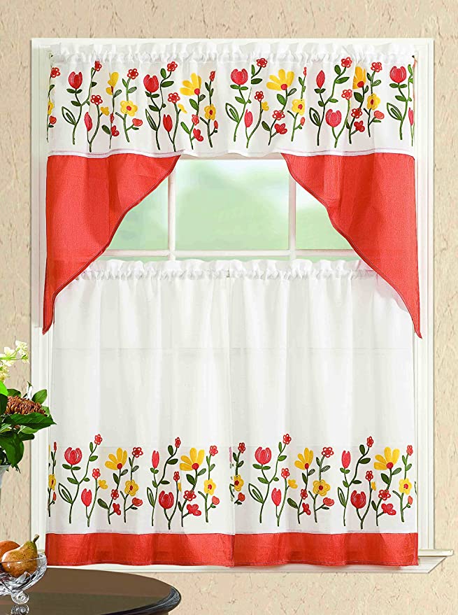 All American Collection Modern Contemporary 3pc Embroidered Home Kitchen Window Treatment Curtain Set (Swag Valance, Spring Flowers)