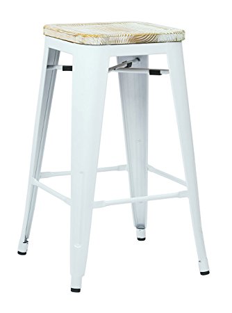 Office Star Bristow 26-Inch White Metal Frame Barstool with Vintage Wood Seat, Pine Iris, 4-Pack