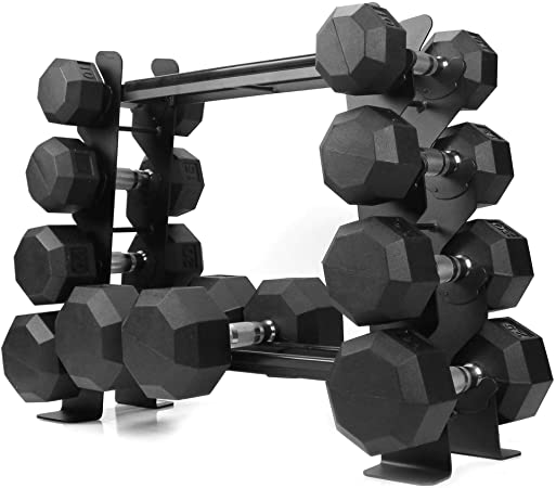 XPRT Fitness Rubber Dumbbell Stand – Dumbbell Storage Rack, Perfect for 5-30 lbs Set – 2 Tiers & 2 Vertical Slots with Protective Inserts – Compact & Versatile Design, Max. Weight 400 lbs.