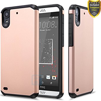 HTC Desire 530 Case, HTC Desire 630 Case, ATUS -- Hybrid Dual Layer Hard Cover Silicone Skin Case with Tempered Glass Screen Protector and Stylus Pen (Rose Gold/ Black)