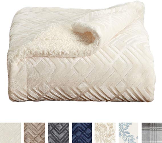 Premium Reversible Sherpa and Sculpted Velvet Plush Luxury Blanket. Fuzzy, Soft, Warm Berber Fleece Bed Blanket. by Home Fashion Designs Brand. (Twin, Winter White)