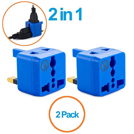 Yubi Power 2 in 1 Universal Travel Adapter with 2 Universal Outlets - Built in Surge Protector - Blue 2 Pack - Type G for United Kingdom, England, Hong Kong, Ireland, Scotland, Saudi Arabia, and more