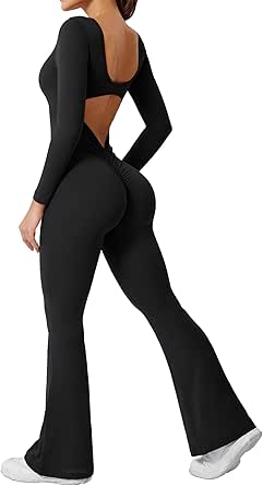 YEOREO One Piece Wide Leg Jumpsuits for Women Workout Long Sleeve Backless Flare Jumpsuit Lizvette Scrunch V Back Yoga Romper