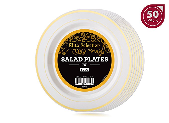 Elite Selection Pack Of 50 Salad / Dessert Disposable Party Plastic Plates Ivory Color With Gold Rim 7.5-Inch