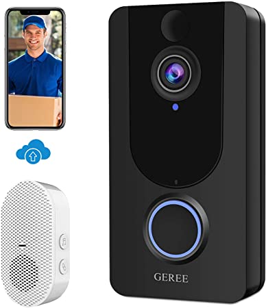 Video Doorbell Camera GEREE 1080P WiFi Wireless Home Security Smart Doorbell with Chime, PIR Motion Detection, Two-Way Audio, 166°Wide Angle, IP65 Weatherproof, Night Vision, Rechargeable Batteries
