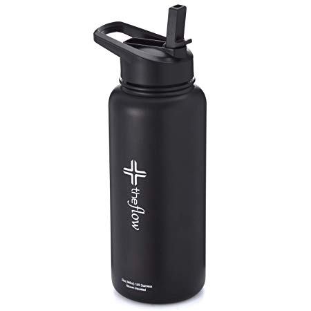 Water Bottle Stainless Steel BPA & Toxin Free - Double Walled Thermal Insulated Wide Mouth Flask - Coldest Sports Outdoor Drinking - 32 oz with Straw Lid - BLACK