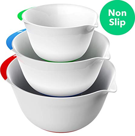 Vremi 3 Piece Plastic Mixing Bowl Set - Nesting Mixing Bowls with Rubber Grip Handles Easy Pour Spout and Non Slip Bottom - Three Sizes Small Large Capacity for Kitchen Baking or Salad - White Multi