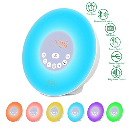 GIWOX Wake Up Light Sunrise Alarm Clock Digital Sunrise Simulation With Bluetooth 4.0 Speaker,FM Radio,Color Night Light With Natural Sounds,Smart Snooze,Touch Control,USB Charger-For Heavy Sleepers