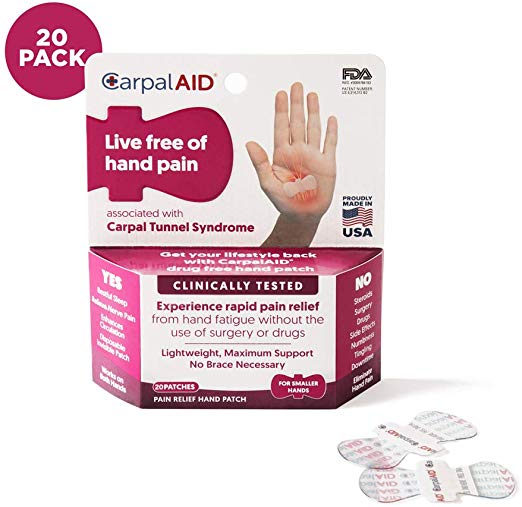 CarpalAID – Clinically Tested Hand Patch for Relief of Symptoms of Carpal Tunnel Syndrome – Non-Invasive – Risk-Free – Fast Results – Comfortable – Disposable – Drug-Free (20 Count, Small Hand)