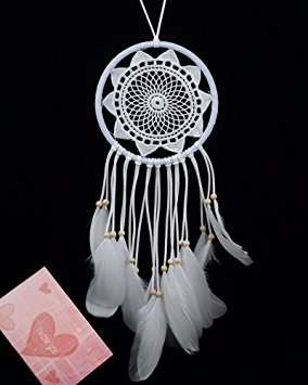 BSLINO Dream Catchers White Handmade Beaded Feather Native American Dreamcatcher Circular Net For Car Kids Bed Room Wall Hanging Decoration Decor Ornament Craft, Dia 6.3inch/16cm