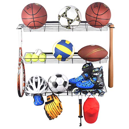 Kinghouse Sports Equipment Storage, Sports Ball Storage Rack with 3 Baskets and 4 Hooks, Ball Rack for Garage, Garage Ball Storage, Sports Gear Storage, Black, Steel, Wall Mount
