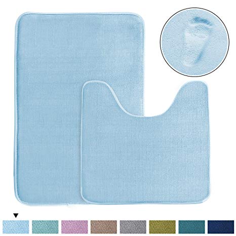 (Set of 2) Non Slip High Density Memory Foam Bathroom Rug Set (Contoured for Toilet 20" x 20" and One Oversize Bath Rug 32" x 20") Machine-Washable Bath Mats for Bath/Kitchen (Sky Blue)