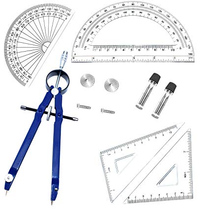 5 Piece Geometry School Set,with Quality Compass, Set Squares, Protractor,Drawing Compass Math Geometry Tools(5 pcs-Compass-Blue)