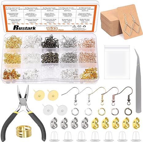 1533Pcs Hypoallergenic Earring Making Supplies Kit with Earring Hook, Earring Back, Earring Posts, Jump Ring, Jewelry Pliers, Earring Holder Card, Clear Bag for Jewelry Making Earring Repair