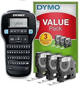 DYMO LabelManager 160 Portable Labelling Device Starter Set, Labelling Device with QWERTZ Keyboard and Easy Text Editing, with 3 Rolls, for D1 Labels in 6, 9 and 12 mm Widths