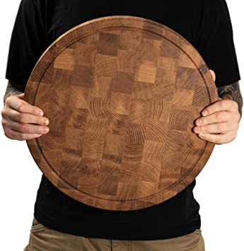 Daddy Chef Round End Grain Wood cutting board 16x1.5 inch - Extra Large - Kitchen Wooden Butcher Block - Chopping Board - Wooden Cheese Carving Board - Oak cutting board with feet (DT2X R16)