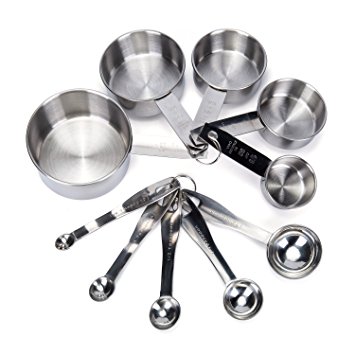 Premium Stainless Steel Measuring Cups and Spoons Set By Koppu - 10 Piece Stackable / Collapsible Measuring Kit - Engraved Measurement Handles - Suitable For Dry & Liquid Ingredients - 100% Non Toxic