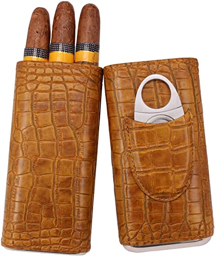 AMANCY 3- Finger Premium Vintage Brown Leather Travel Cigar Case with Cedar Wood Lined, Included Stainless Steel Cigar Cutter