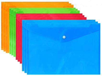 Plastic Envelope Poly Envelope - Letter / A4 Size, Purida 12 Pack Plastic Envelop with Snap Button Closure for School Office Home File Storage, 4 Assorted Colors (Red/Blue/Green/Orange)