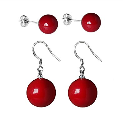 Mother Gift Red Coral Earrings Set Luxury Silver Tone Stud Earrings 10mm Dangle Drop Earrings 16mm Jewelry Set for Women