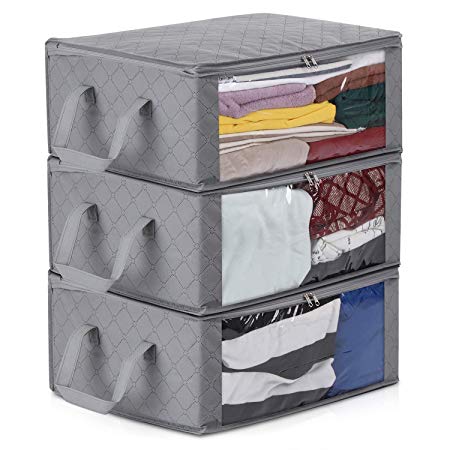 Foldable Storage Bag, Magicfly Under Bed Organizers with Large Clear Window and Carry Handles, Clothing Organizer Bag for Closet, Blankets, Underbed, and more, Set of 3, Gray