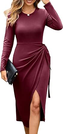 GRACE KARIN Womens Long Sleeve Dress 2024 Fall Casual Tie Waist Crew Neck Wrap Split Dresses Work Bodycon Midi Dress