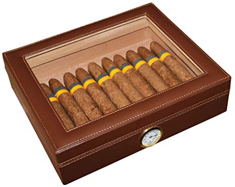 AMANCY Elegant Brown Leather 25 Cigar Humidor,Desktop Cedar Wood Lined Cigar Storage Box with Hygrometer and Humidifier