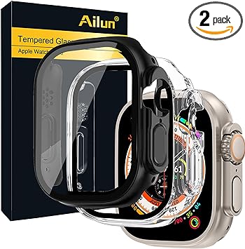 Ailun for Apple Watch Ultra 2/Ultra Screen Protector Case [49mm], Ultra-Thin Hard PC Case Built in Tempered Glass Screen Protector for iWatch, Shockproof Cover with Button [2 Pack][Black Clear]