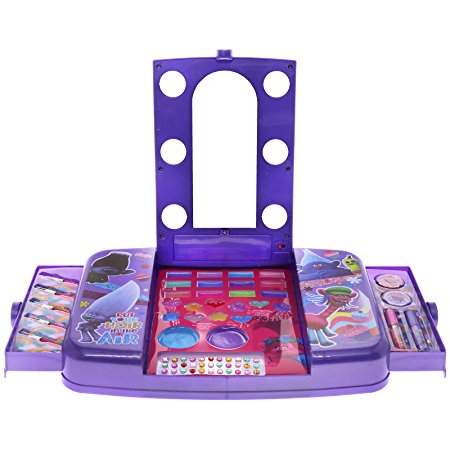 Townley Girl Dreamworks Trolls Mega Cosmetic Set With Light Up Vanity, Mirror, Gloss and Stickers, 38 Piece Set