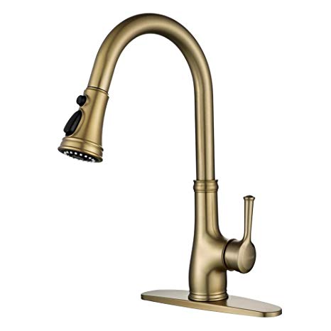 Gold Kitchen Sink Faucet with Pull Out Sprayer, Brushed Gold Copper Single Handle 1 Hole Pull Down Kitchen Faucet, Champagne Bronze,WEWE