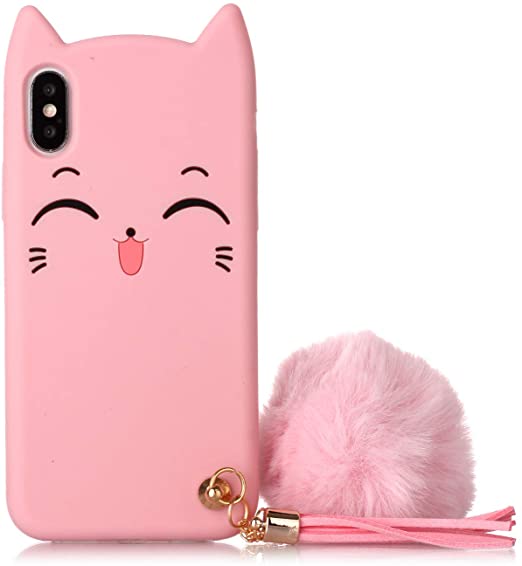 iPhone X Cat Case, iPhone Xs Silicone Case, Fashion Cute 3D Pink Meow Party Cat Kitty Kids Girls Lady Protective Cases with Pompom/Strap Soft Case Skin for Apple iPhone X and iPhone Xs