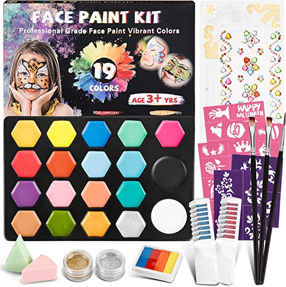 Face Paint Kit for Kids - 35 Stencils,19 Water Based Face Paint Colors, 3 Brushes, 2 Glitter, 2 Sticker, 2 Sponges, 2 Hair Chalks, Hypoallergenic Safe Non-Toxic, Ideal for Halloween Party Festivals